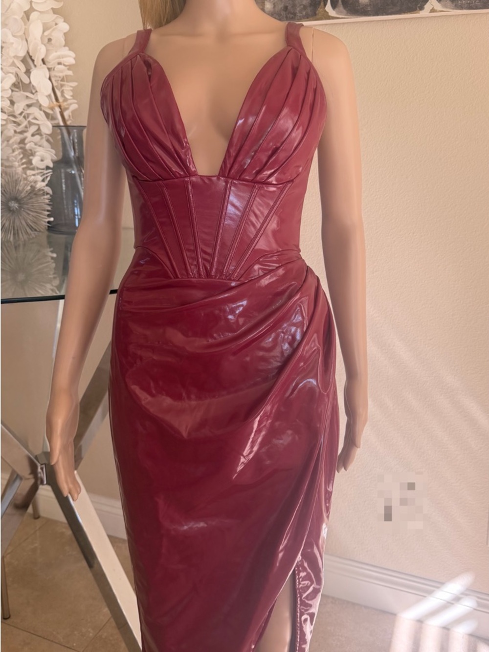 AKIRA Burgundy Faux Leather Plunge Midi Dress - Picture 3 of 7